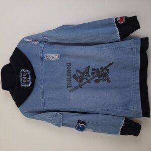 Tanjirou Blue Distressed Faded Denim Jacket Badges, Sword Graphic L
